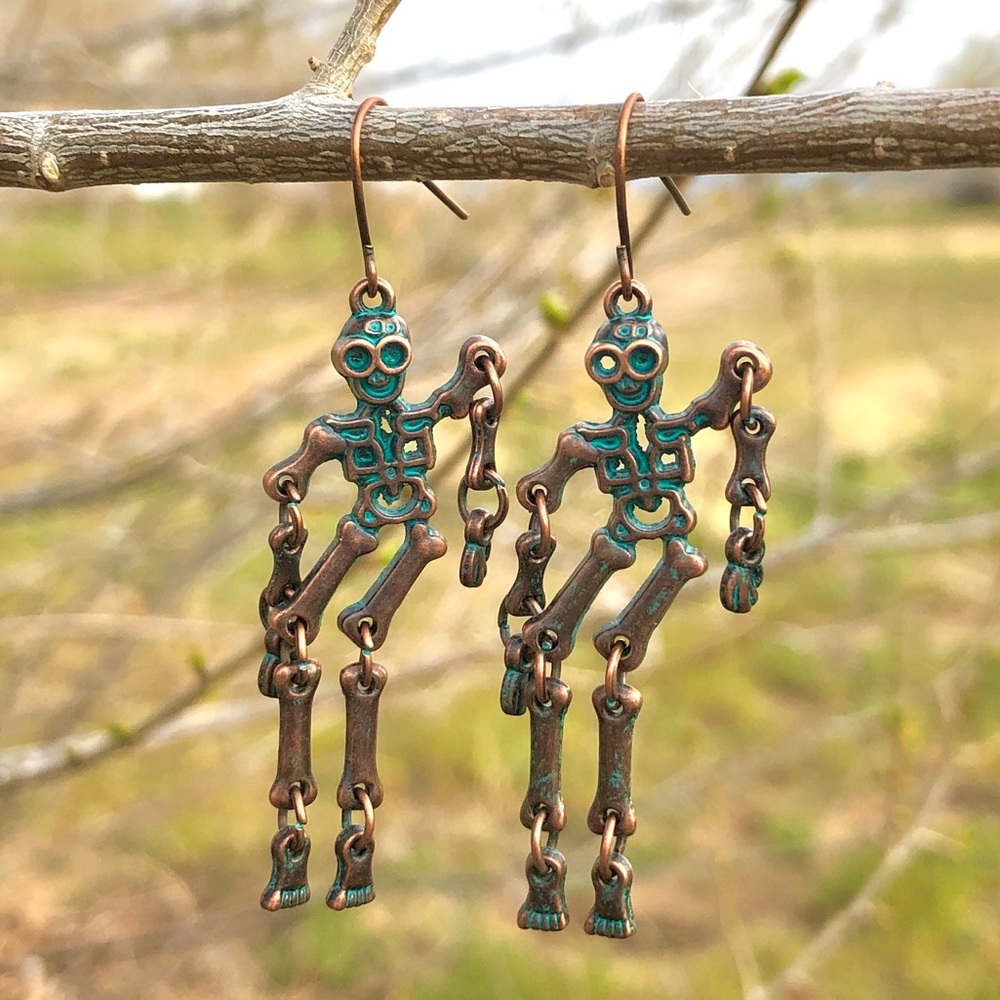 Patina Earrings Bronzed Goth Skelton NWT